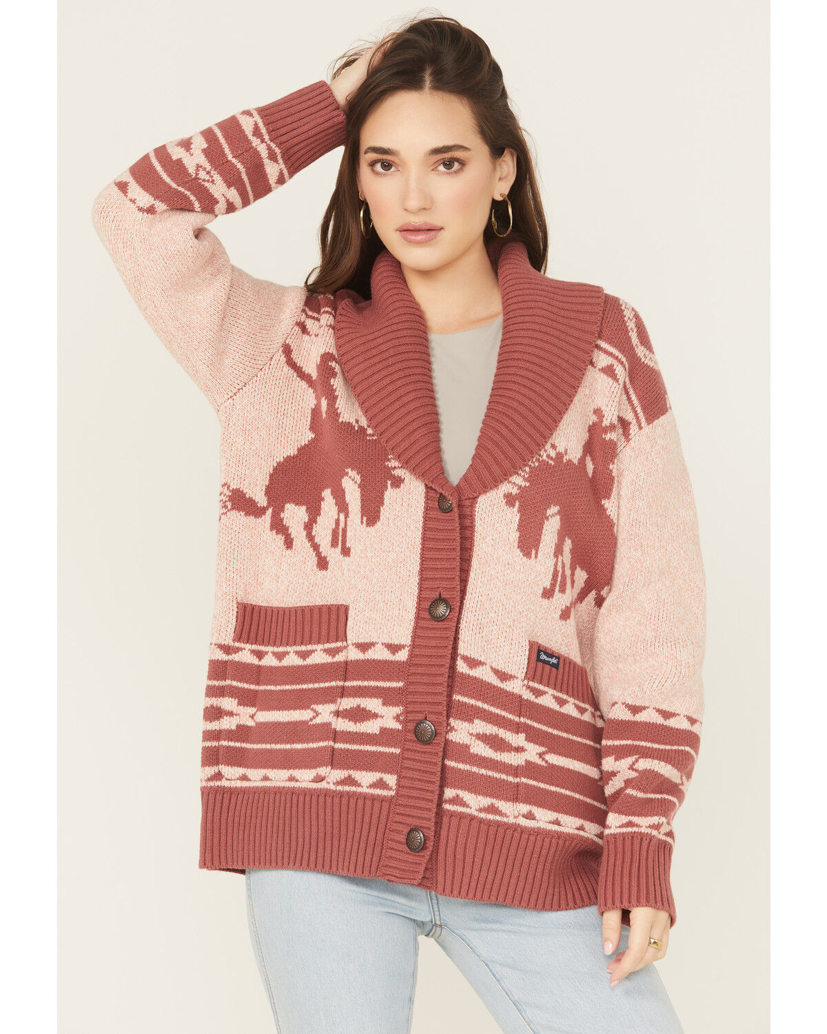 Image #1 - Wrangler Retro Women's Horse Cardigan, Pink, hi-res