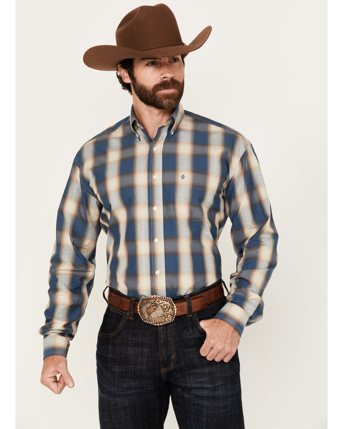 Stetson Men's Dobby Print Long Sleeve Button-Down Western Shirt, Blue, hi-res