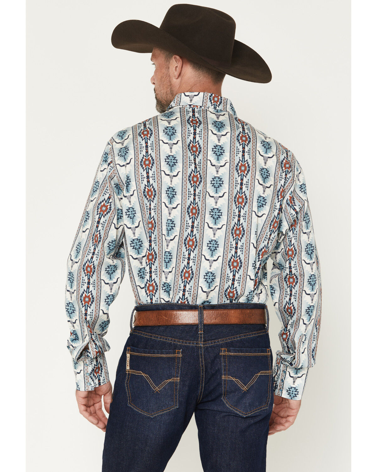 Image #4 - Wrangler Men's Checotah Southwestern Striped Long Sleeve Pearl Snap Western Shirt, Blue, hi-res