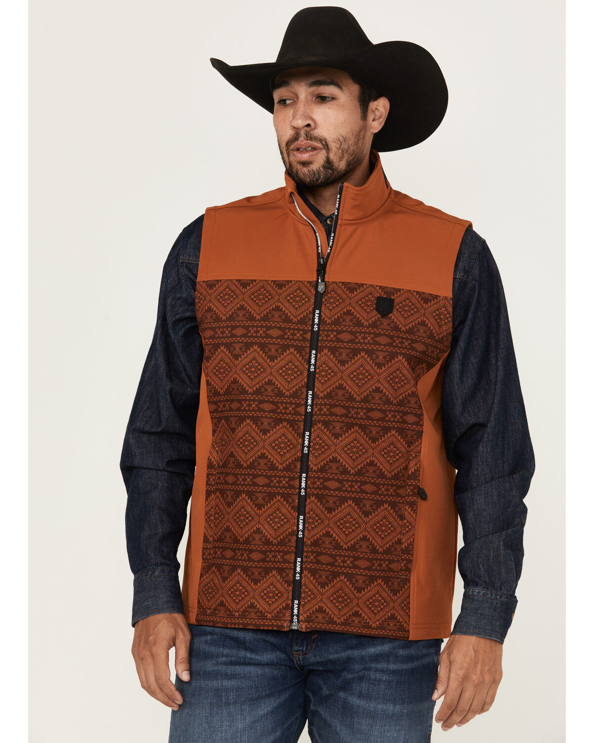 Image #1 - RANK 45&reg; Men's Southwestern Print Color Block Softshell Vest, Brown, hi-res