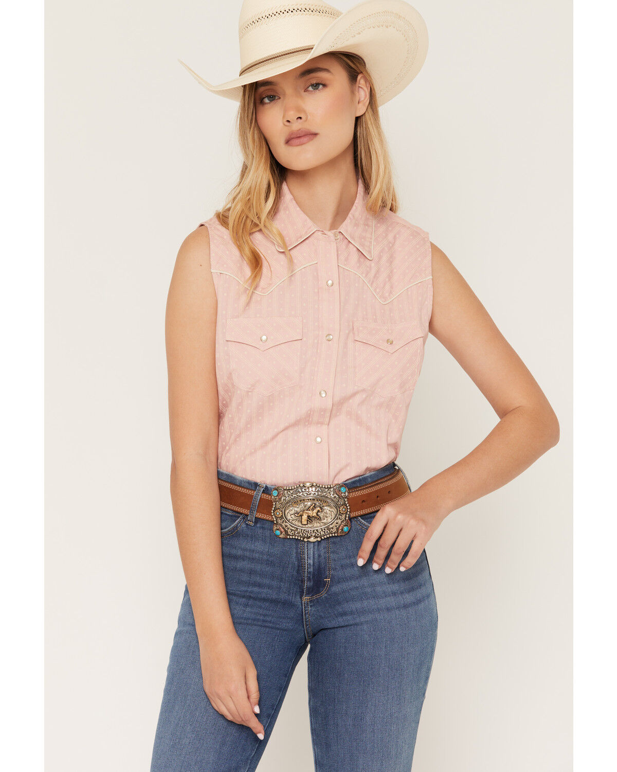 Image #1 - Ely Walker Women's Western Motif Stripe Print Sleeveless Snap Western Shirt, Pink, hi-res