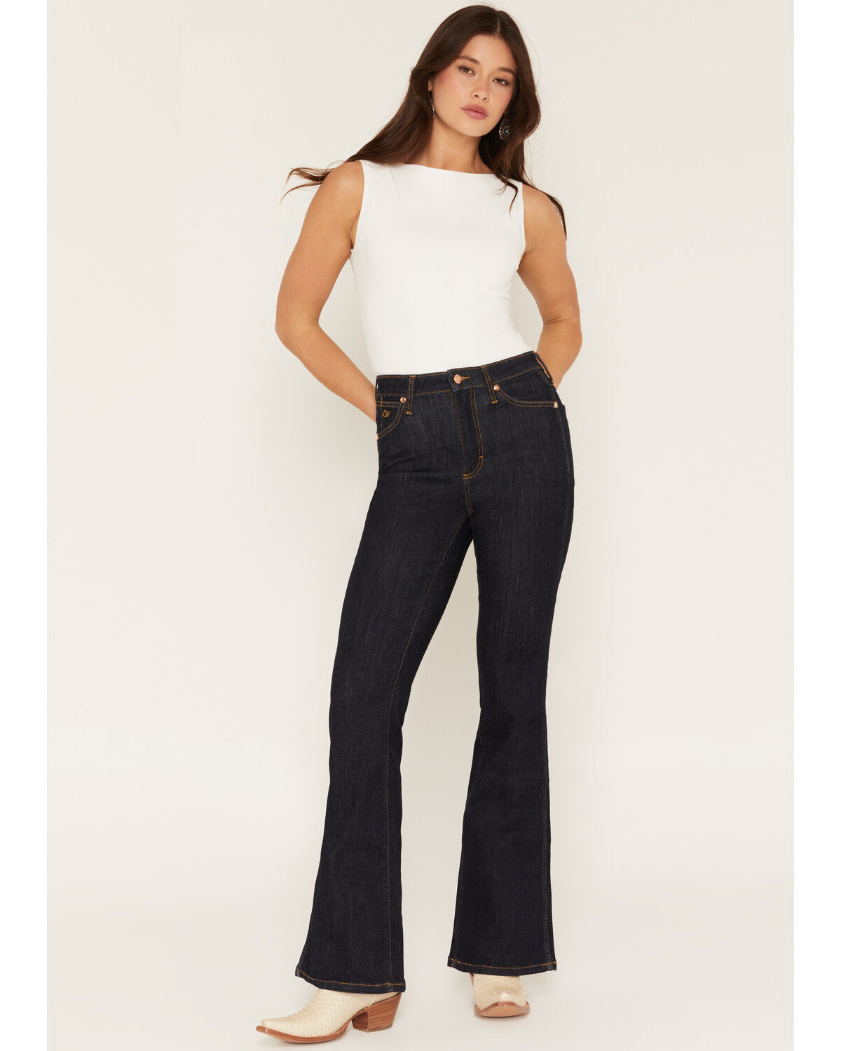 Wrangler X Lainey Wilson Women's Dark Wash High Rise Flare Stretch Denim Jeans, Dark Wash, hi-res