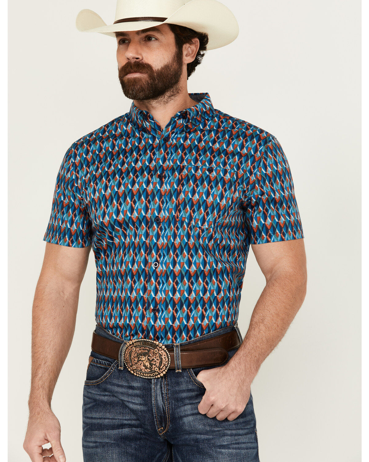 Image #1 - RANK 45&reg; Men's Weststamp Southwestern Geo Print Short Sleeve Button-Down Stretch Western Shirt, Dark Blue, hi-res