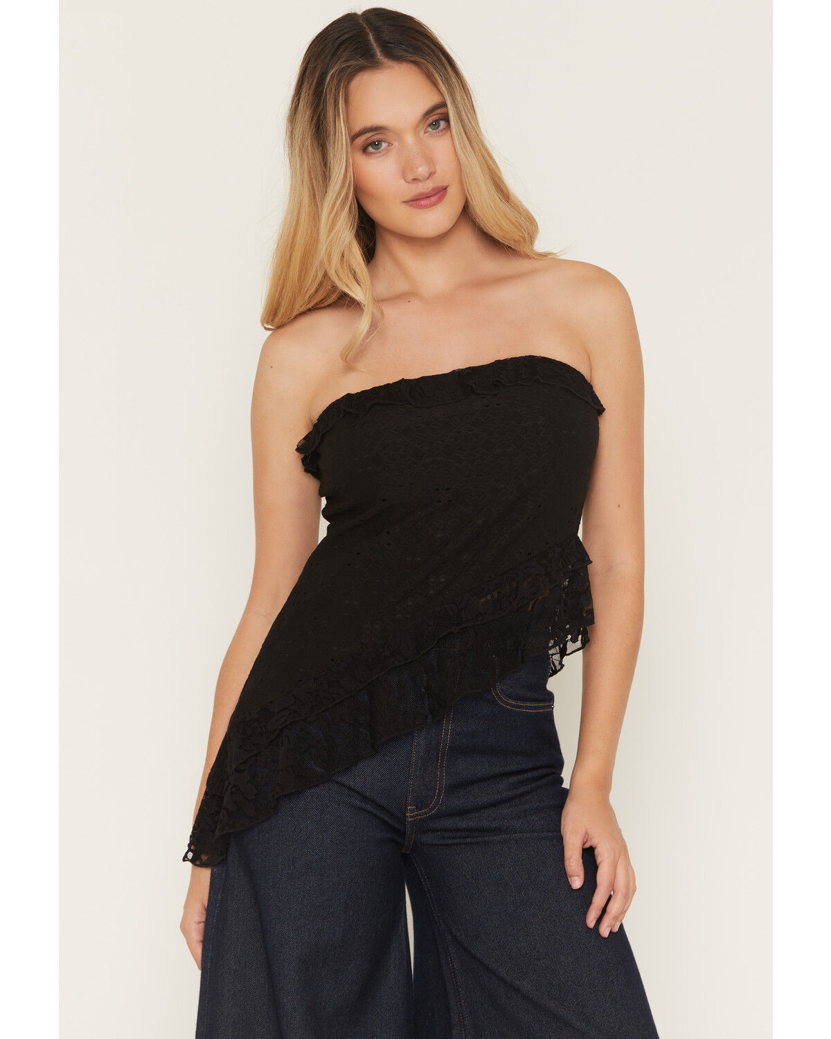 Originality Women's Asymmetrical Lace Top, Black, hi-res