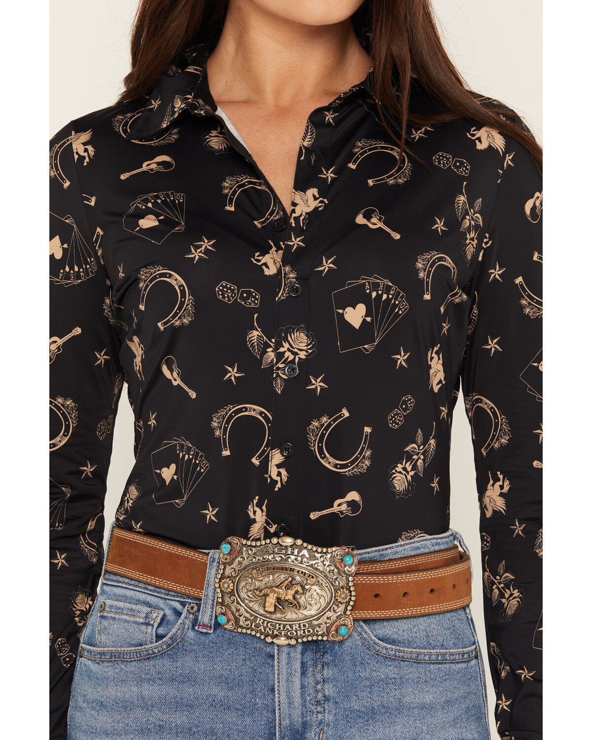 Image #3 - Idyllwind Women's Western Conversation Print Long Sleeve Pullover Stretch Western Shirt, Black, hi-res