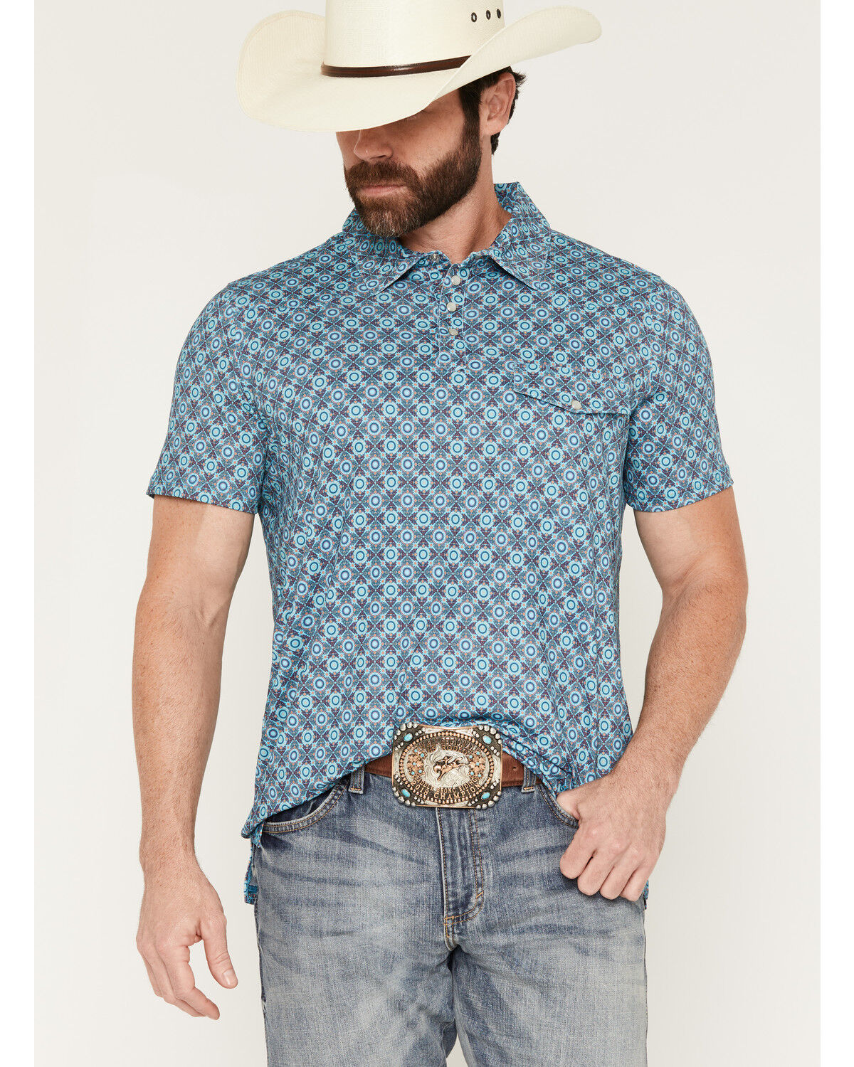 Rock & Roll Denim Men's Medallion Print Short Sleeve Pearl Snap Polo, Blue, hi-res