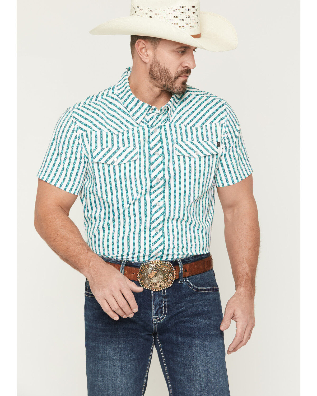 Rock & Roll Denim Men's TEK Core Southwestern Striped Short Sleeve Stretch Western Shirt, Turquoise, hi-res