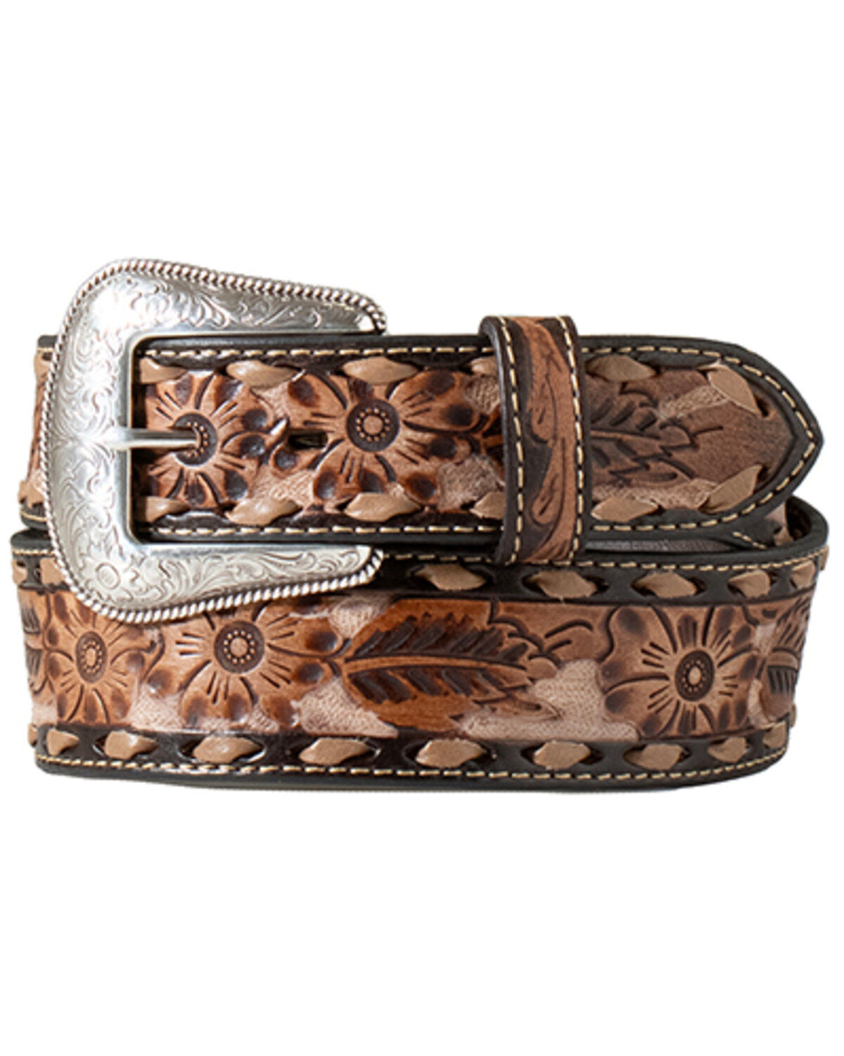 M & F Western Men's Tooled Floral Leather Belt, Brown, hi-res