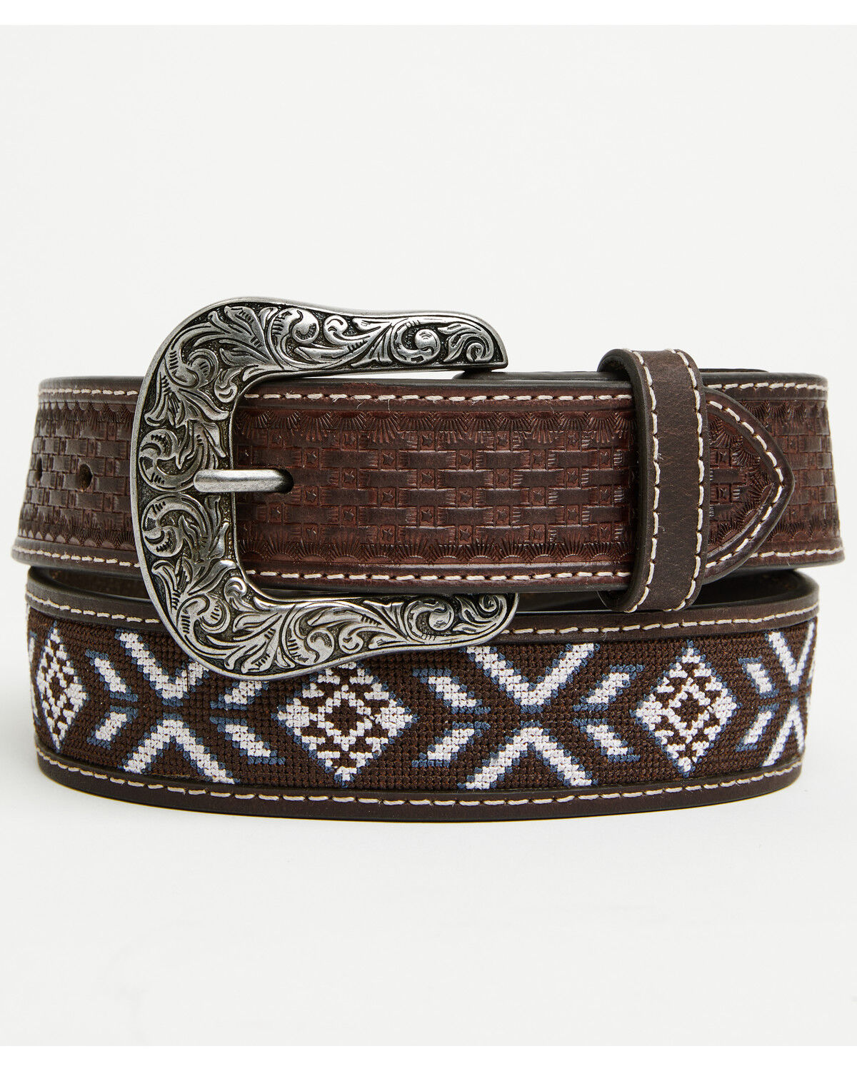 RANK 45&reg; Men's McCoy Southwestern Cross-Stitch Leather Belt, Brown, hi-res