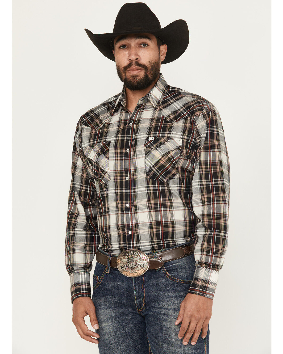 Image #1 - Ely Walker Men's Plaid Print Long Sleeve Pearl Snap Western Shirt, Tan, hi-res