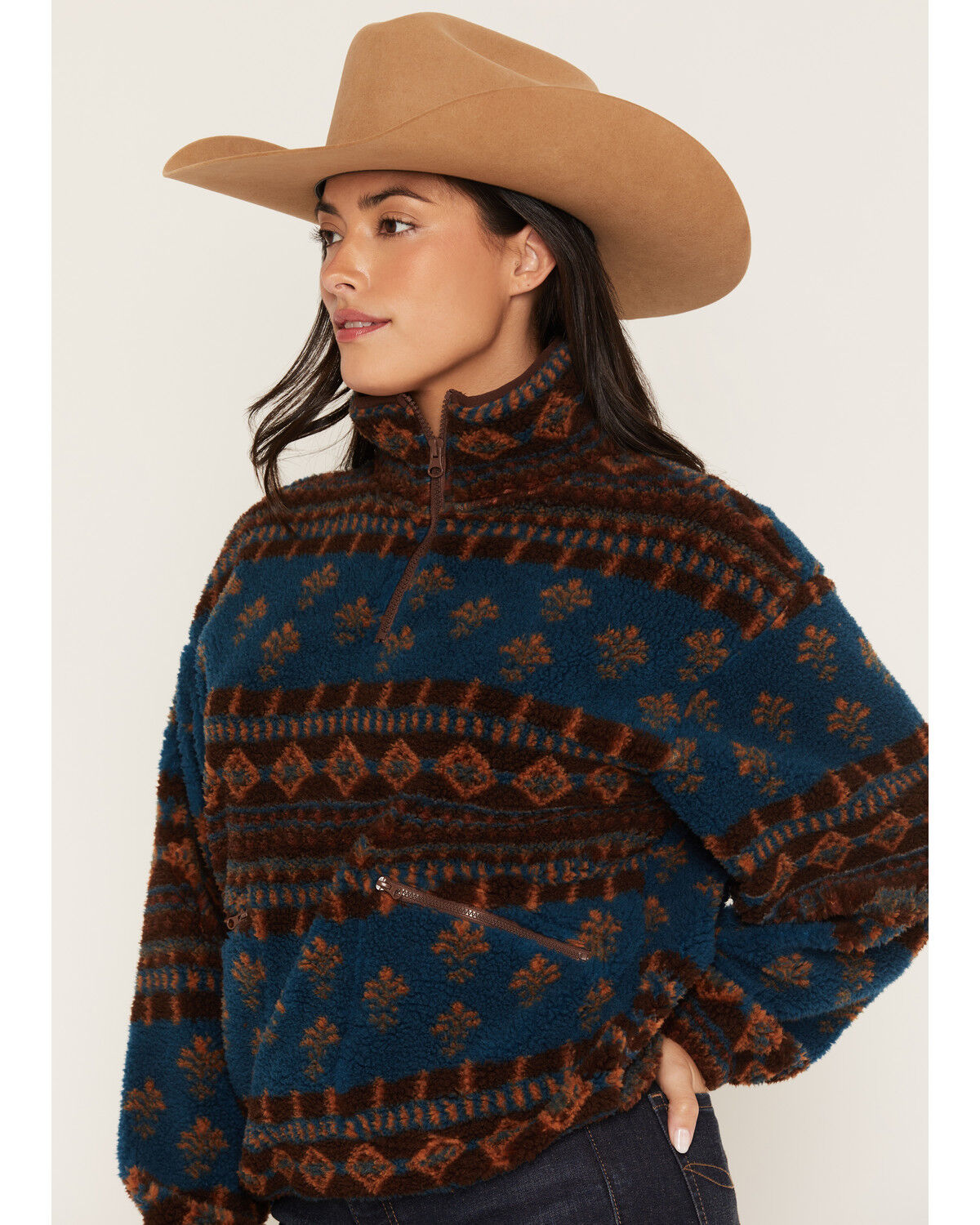 Image #2 - Rock & Roll Denim Women's Southwestern Print Sherpa Pullover, Blue, hi-res