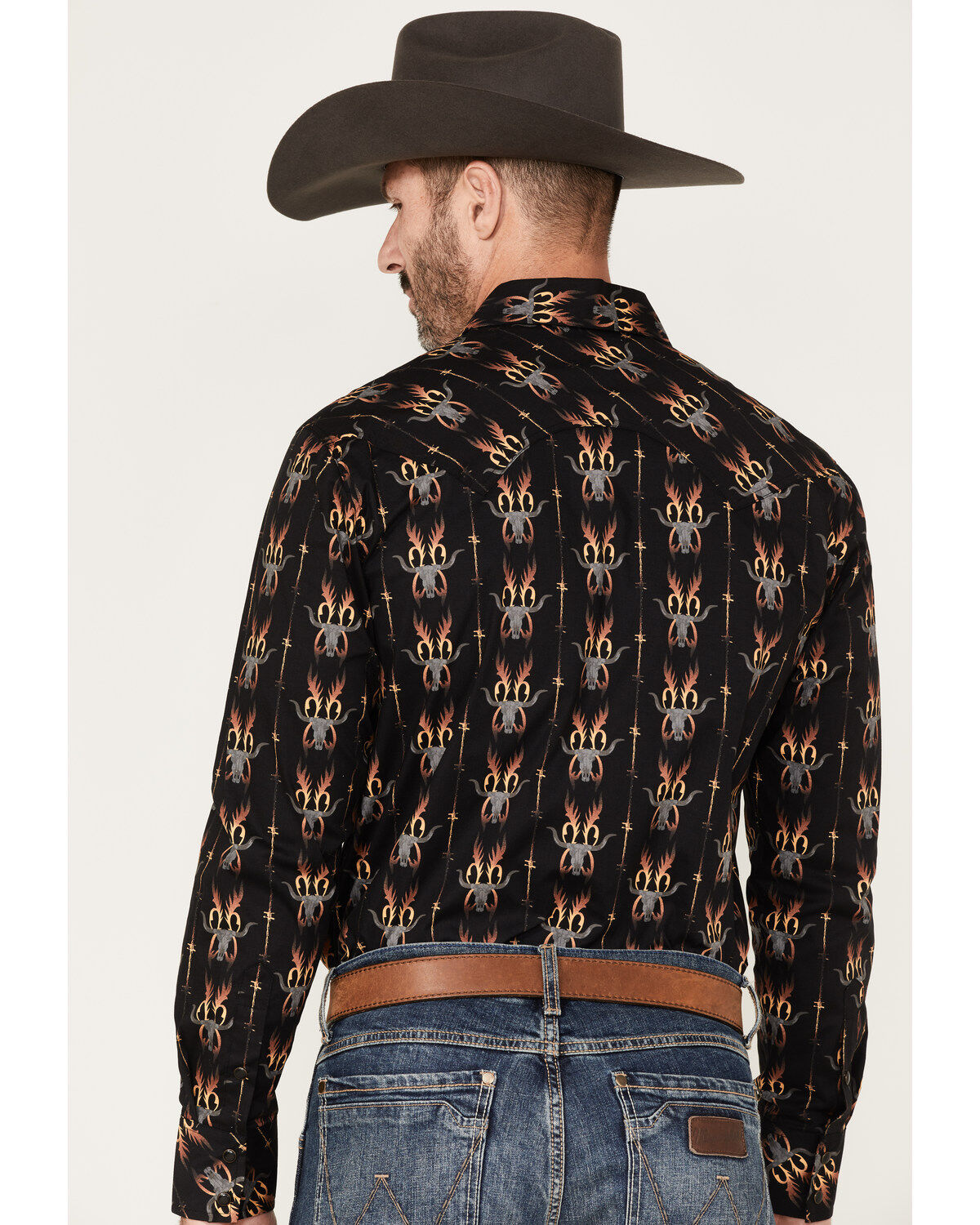 Image #4 - Dale Brisby Men's Antler Bull Skull Print Long Sleeve Snap Stretch Western Shirt, Black, hi-res