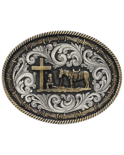 Image #1 - Montana Silversmiths Two-Tone Classic Impressions Christian Cowboy Attitude Belt Buckle, Multi, hi-res