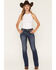 Image #3 - Miss Me Women's Dark Wash Mid Rise Fleur de Lis 32" Bootcut Stretch Denim Jeans, Dark Wash, hi-res