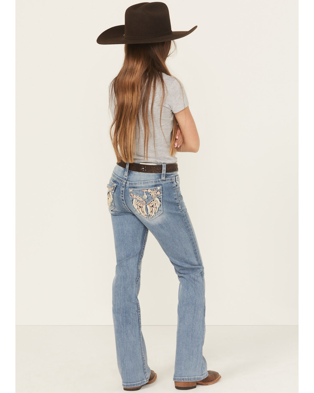 Miss Me Girls' Floral Embroidered Medium Wash Bootcut Stretch Denim Jeans, Medium Wash, hi-res