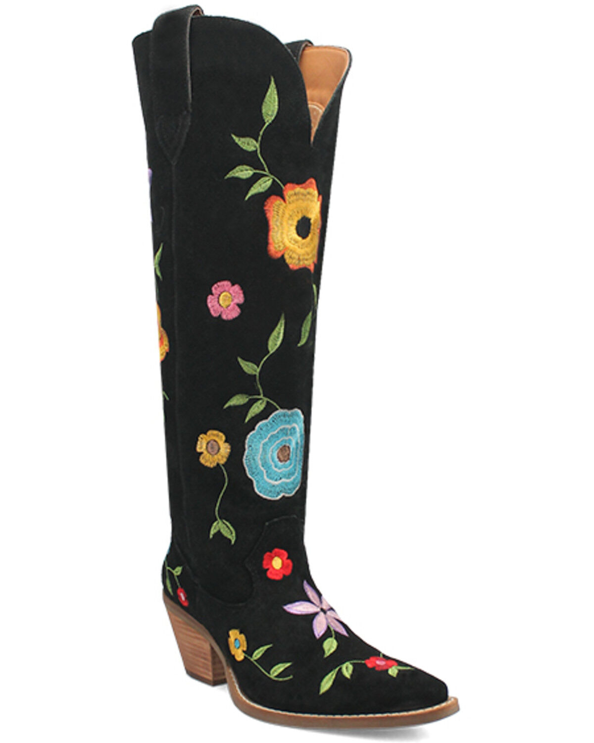 Image #1 - Dingo Women's Flower Power Suede Tall Western Boots - Snip Toe, Black, hi-res