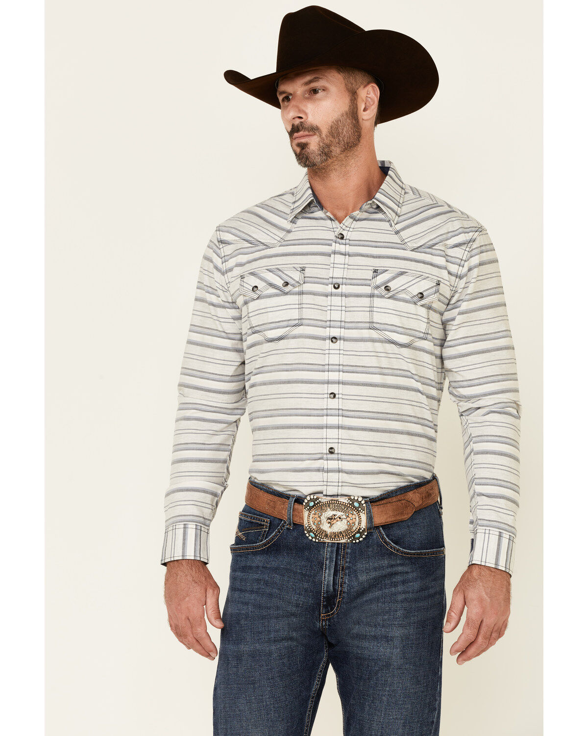 Image #1 - Moonshine Spirit&reg; Men's Line Dance Horizontal Stripe Long Sleeve Snap Western Shirt, Grey, hi-res