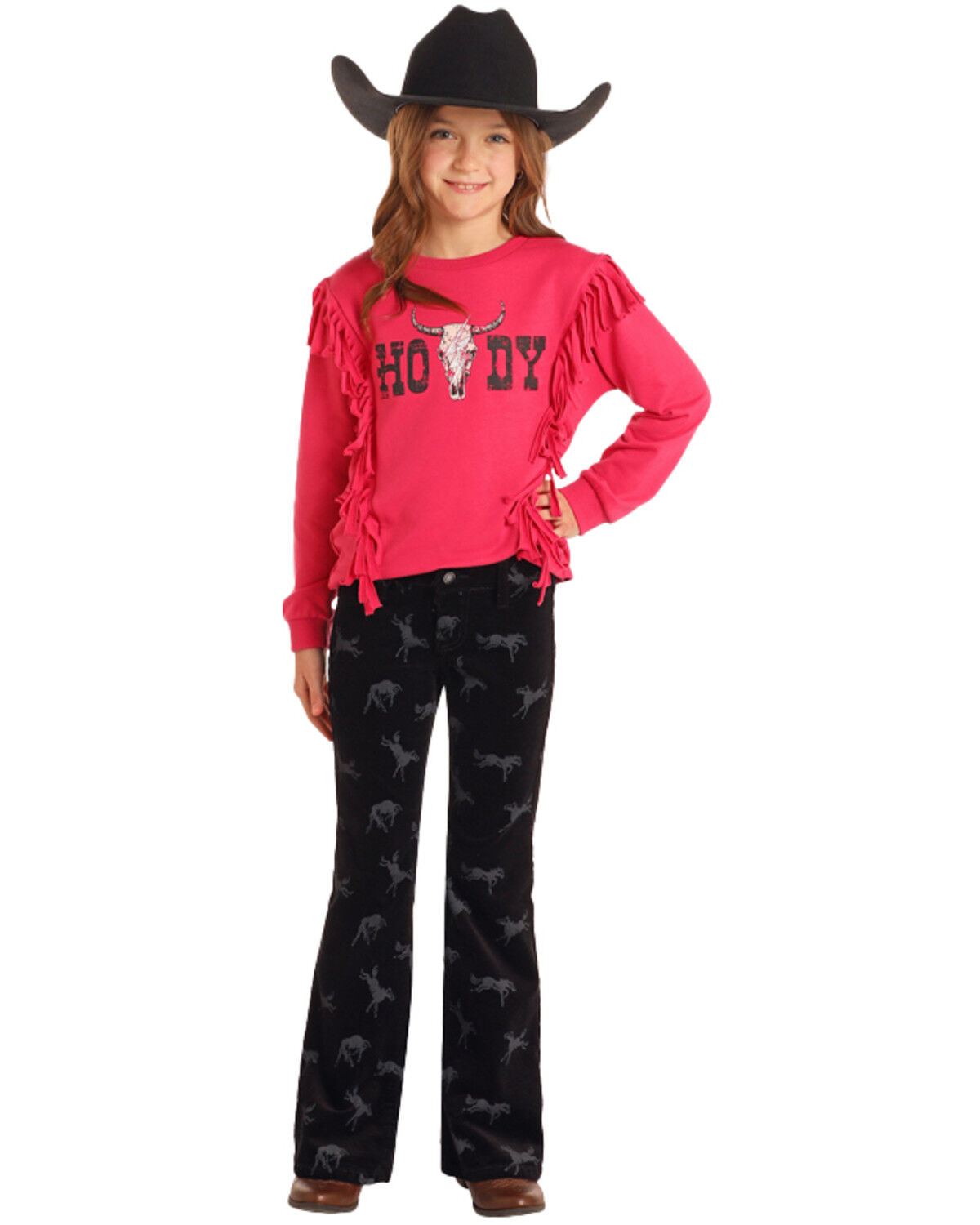 Rock & Roll Denim Girls' Rodeo Print Corduroy Bootcut Jeans, Black, hi-res