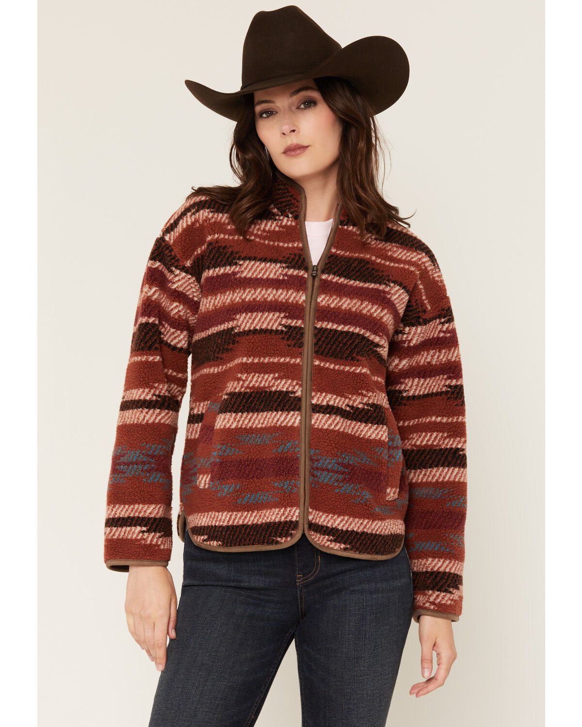 Image #1 - Shyanne Women's Casey Southwestern Print Sherpa Zip-Up Jacket, Brick Red, hi-res
