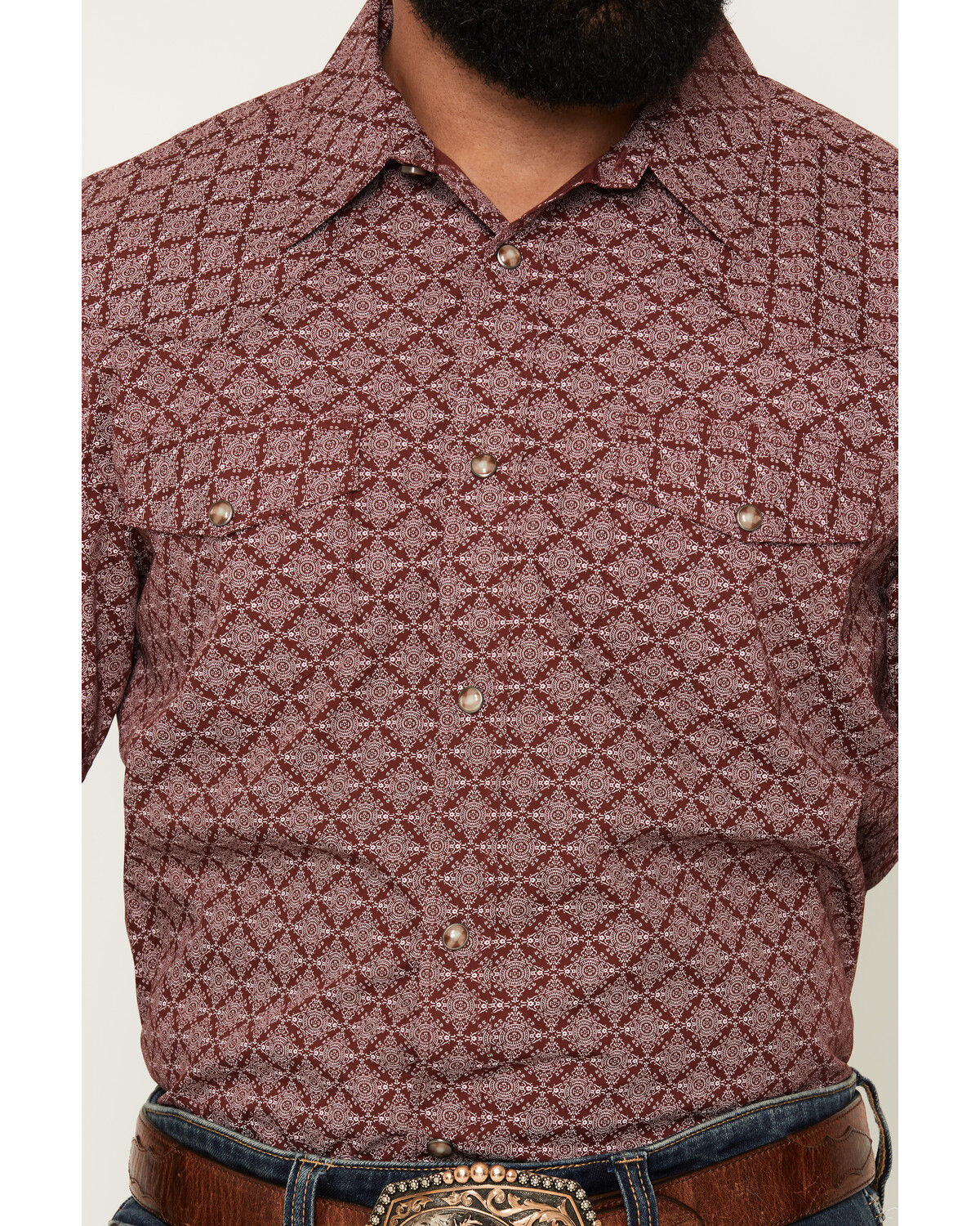 Image #3 - Gibson Trading Co Men's Gypsy Den Medallion Print Short Sleeve Snap Western Shirt - Tall, Burgundy, hi-res