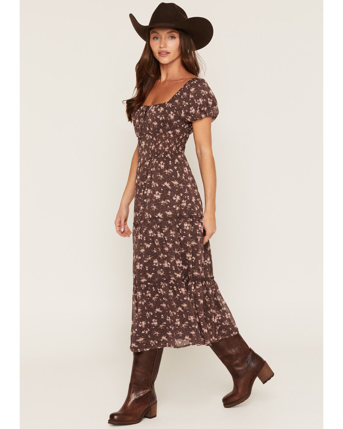 Image #2 - Trixxi Women's Floral Print Corset Short Sleeve Midi Dress, Brown, hi-res