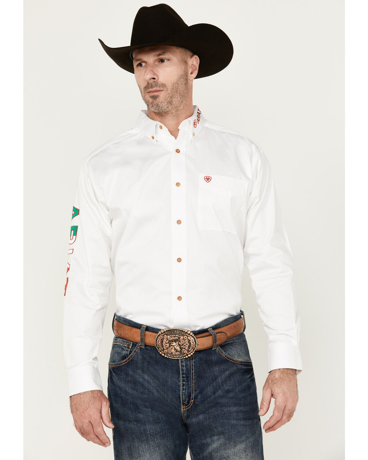 Image #2 - Ariat Men's Team Mexico Logo Twill Classic Fit Long Sleeve Button-Down Western Shirt, White, hi-res