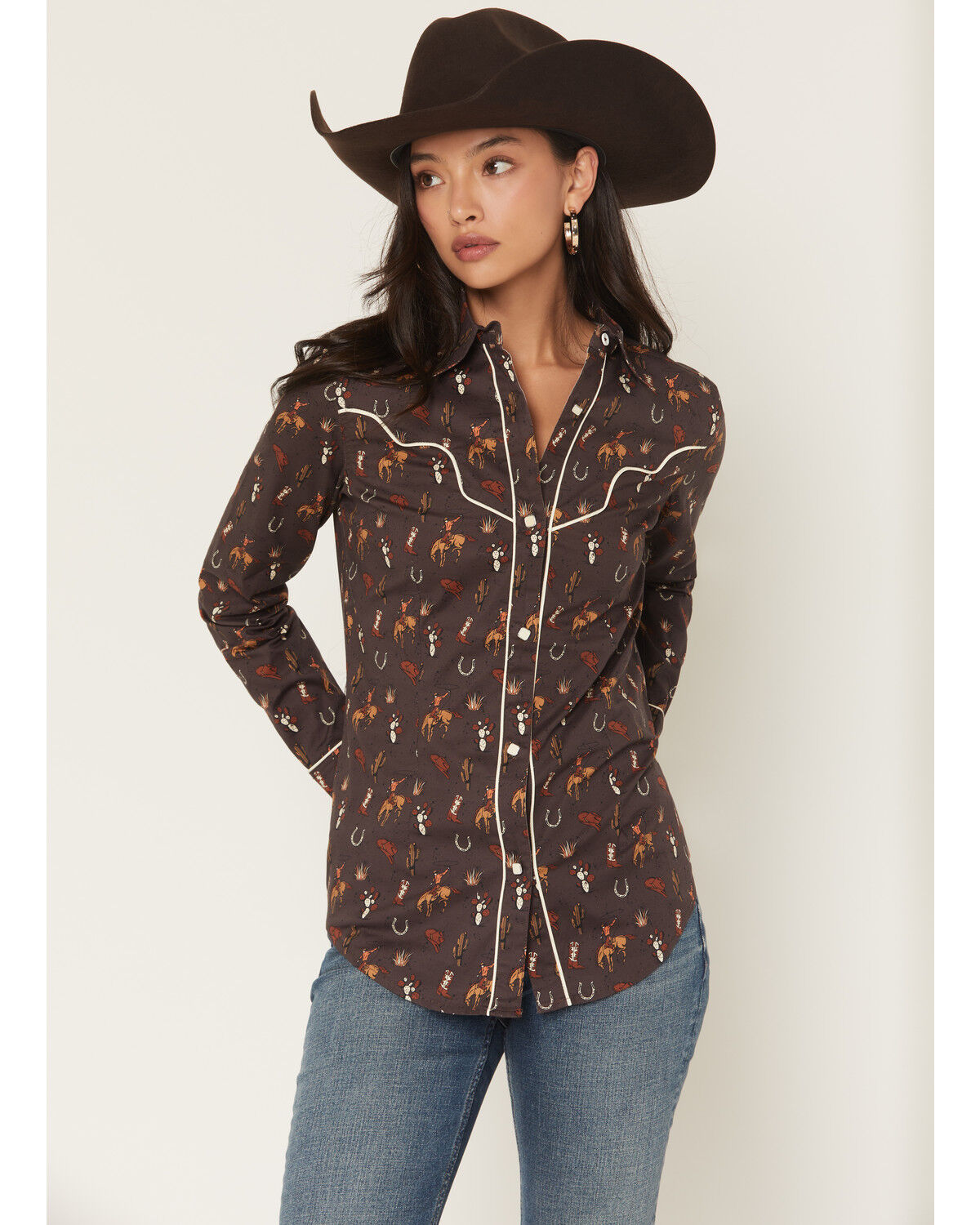 Image #1 - Rock & Roll Denim Women's Western Conversation Print Long Sleeve Snap Western Shirt, Brown, hi-res