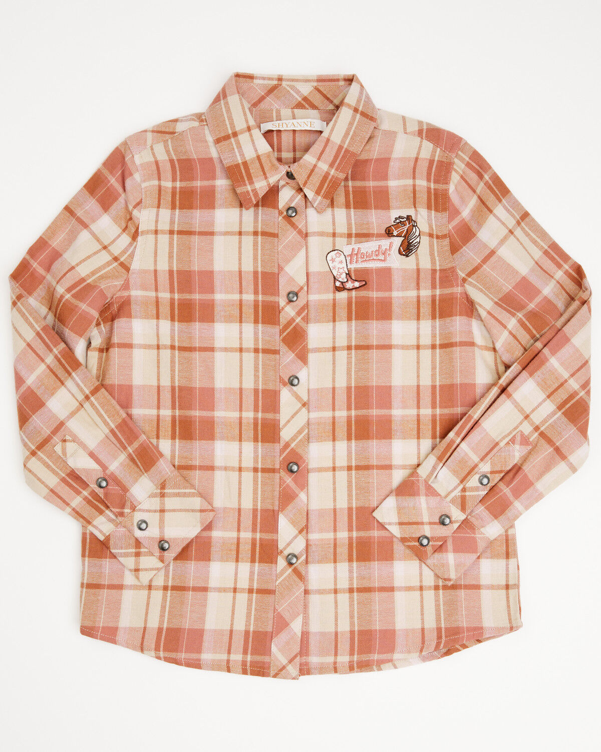 Image #1 - Shyanne Girls' Blair Plaid Print Embroidered Long Sleeve Snap Flannel Shirt, Rose, hi-res