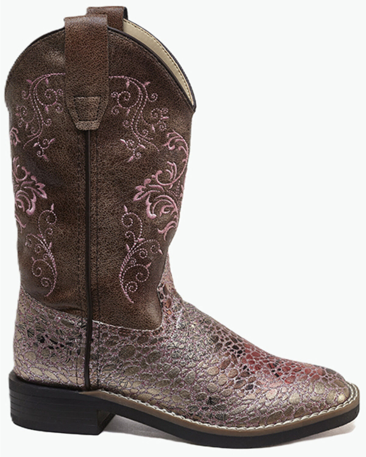 Image #2 - Old West Girls' Embroidered Metallic Western Boots - Broad Square Toe, Pink, hi-res