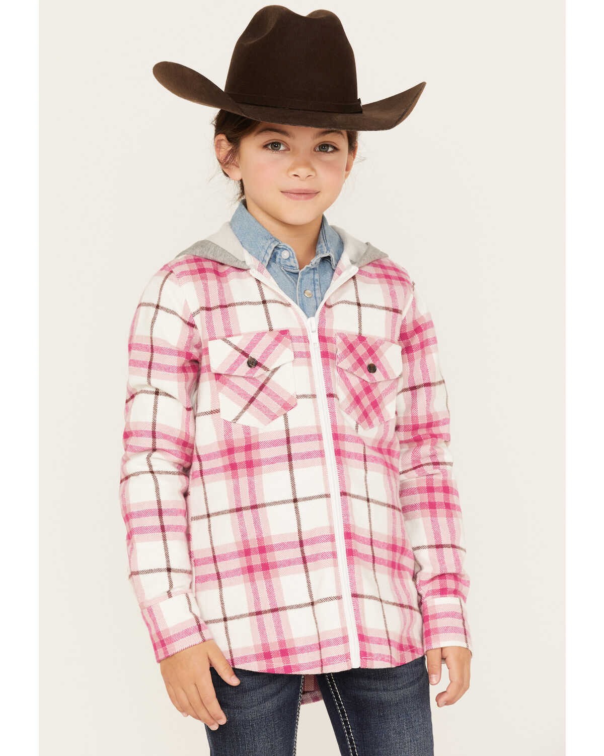 Shyanne Girls' Plaid Print Long Sleeve Flannel Shacket, Ivory, hi-res