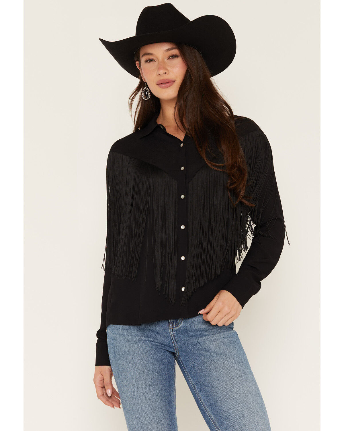 Idyllwind Women's Mailan Georgette Fringe Long Sleeve Blouse, Black, hi-res
