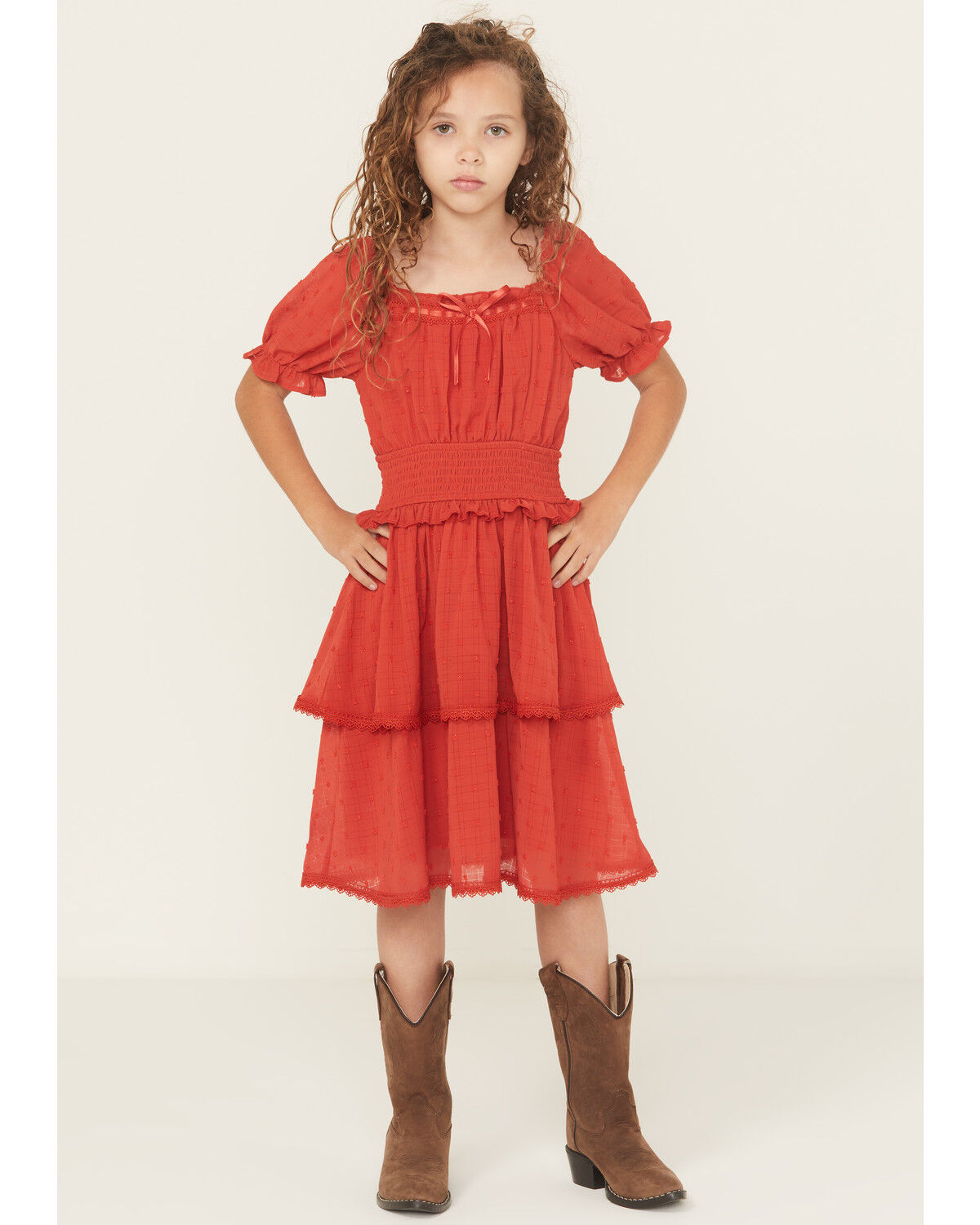 Ash & Violet Girls' Chiffon Dot Short Sleeve Mini Dress, Red, hi-res