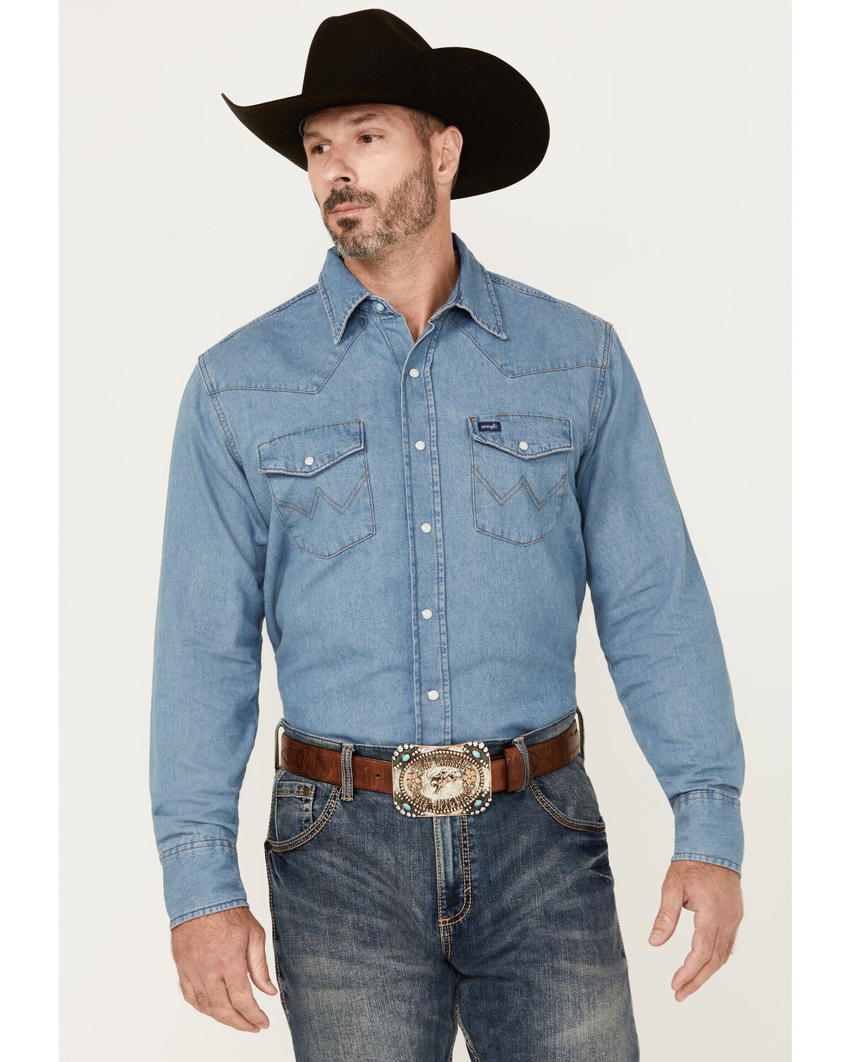 Wrangler Men's Stonewash Denim Long Sleeve Work Shirt, Stonewash, hi-res