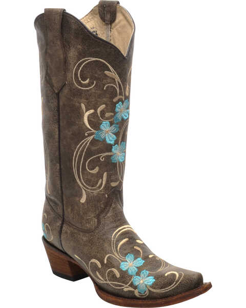 Image #1 - Corral Women's Cowhide Floral Western Boots, Brown, hi-res