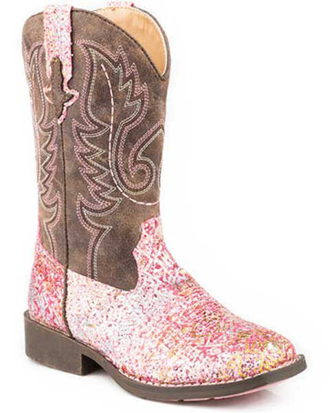 Image #1 - Roper Little Girls' Glitter Southwest Western Boots - Square Toe, Pink, hi-res