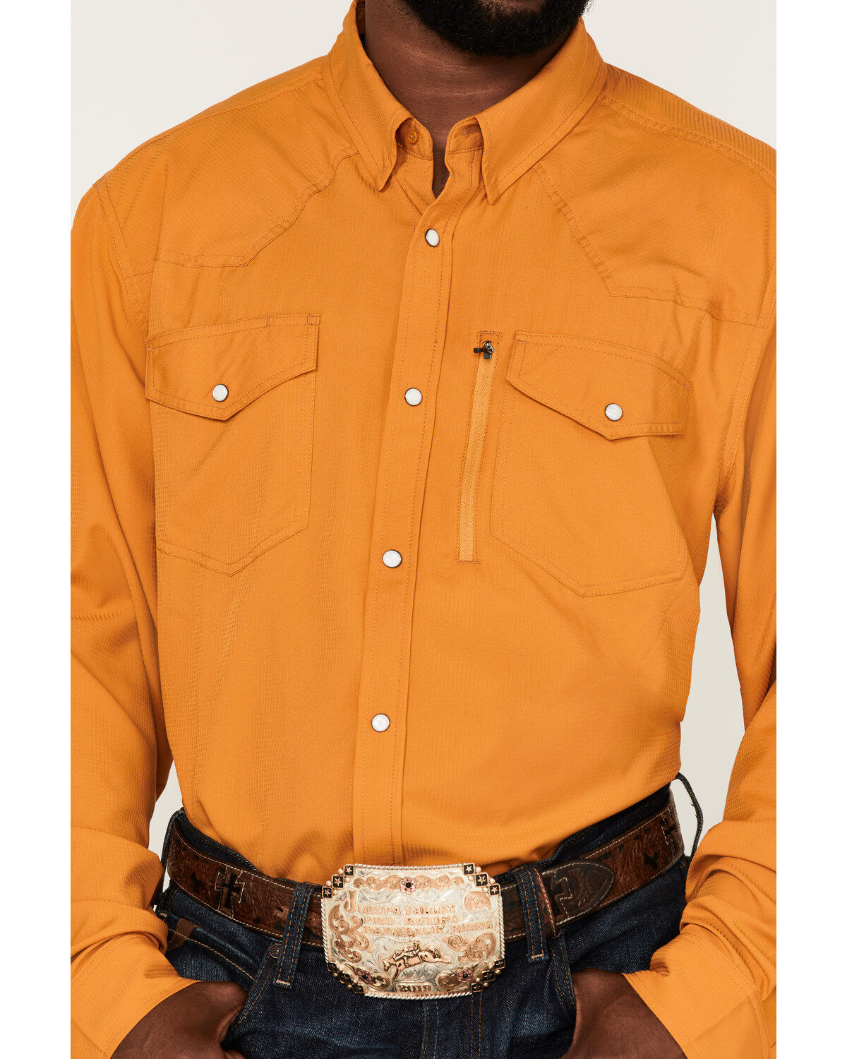 Image #3 - RANK 45&reg; Men's Solid Roughie Tech Long Sleeve Snap Western Shirt, Gold, hi-res