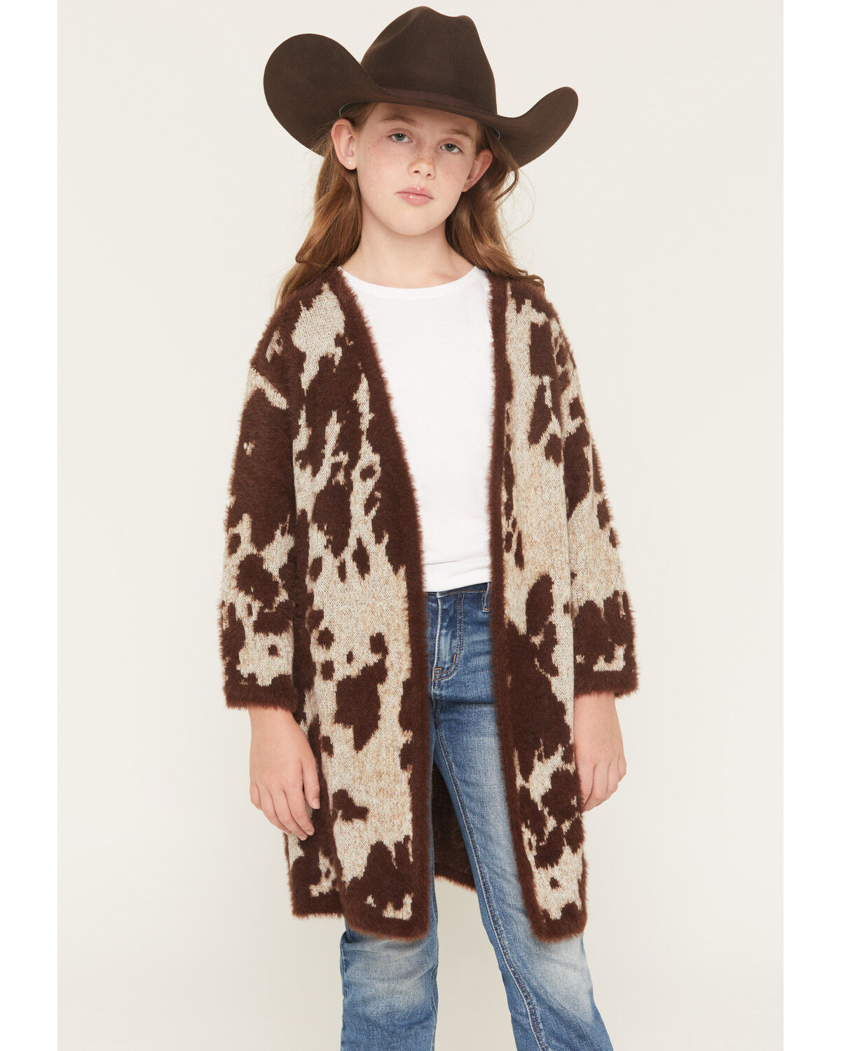 Image #1 - Shyanne Girls' Nellie Cow Print Eyelash Knit Cardigan, Brown, hi-res