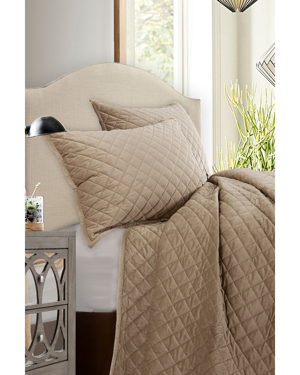 HiEnd Accents Velvet 3pc Quilt Set - Queen, Oatmeal, hi-res