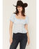 Image #1 - Ash & Violet Women's Ditsy Floral Smocked Short Sleeve Shirt, Blue, hi-res