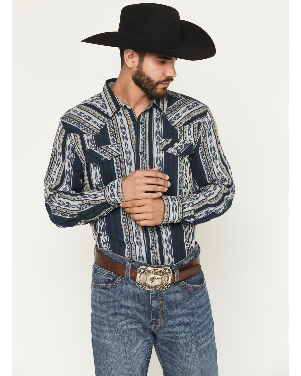 Cody James Men's Ford Southwestern Stripe Print Long Sleeve Snap Western Shirt, Blue, hi-res