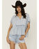 Image #1 - Cleo + Wolf Women's Bella Pintuck Detail Peasant Short Sleeve Blouse , Light Blue, hi-res