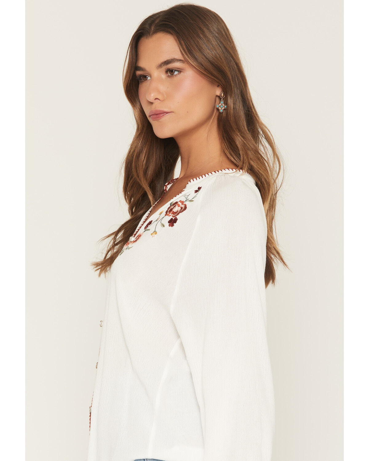 Image #2 - Wild Moss Women's Long Sleeve Whip Stitch and Embroidered Peasant Top, Ivory, hi-res