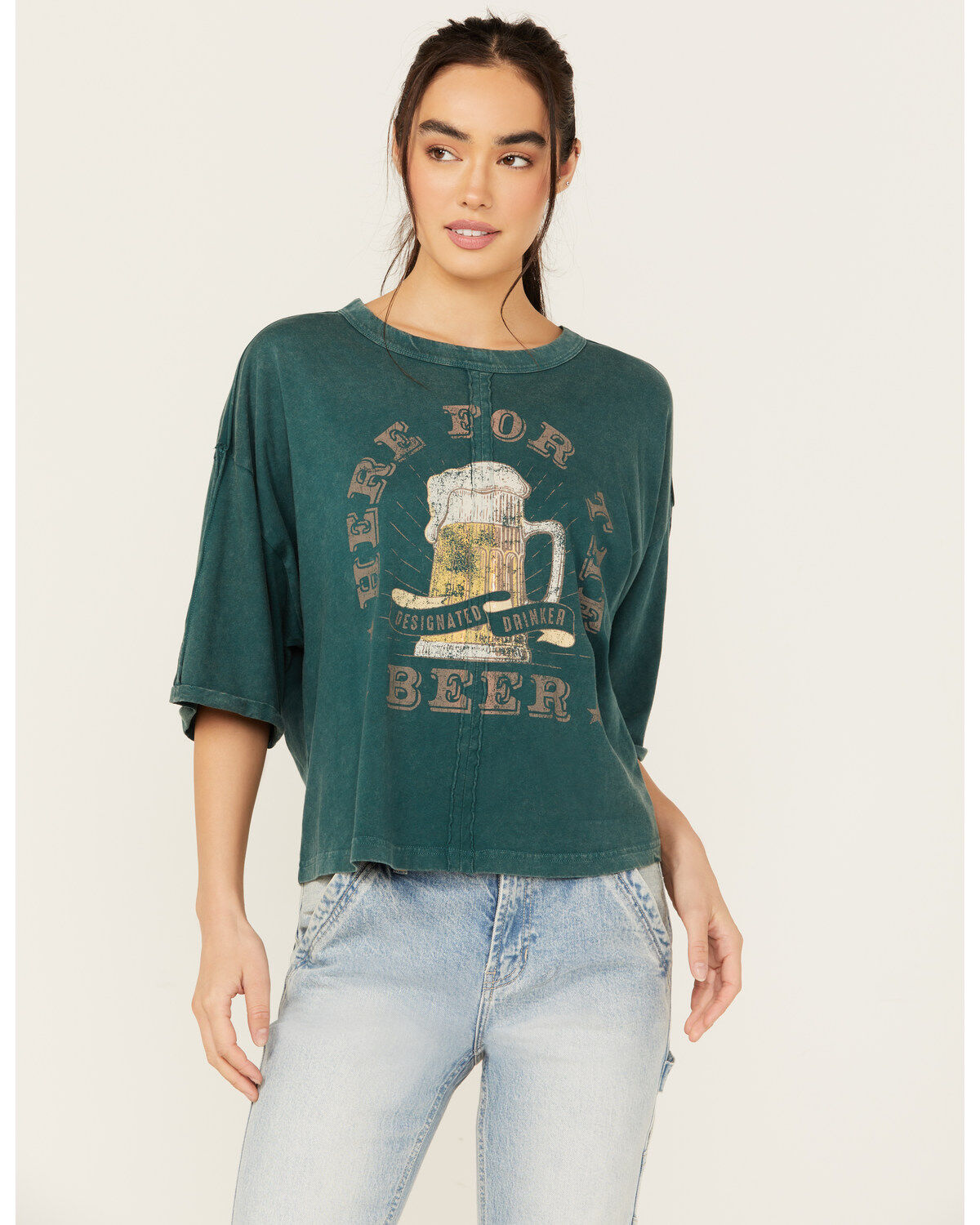 Image #1 - Cleo + Wolf Women's Aria Short Sleeve Boxy Cropped Graphic Tee, Forest Green, hi-res