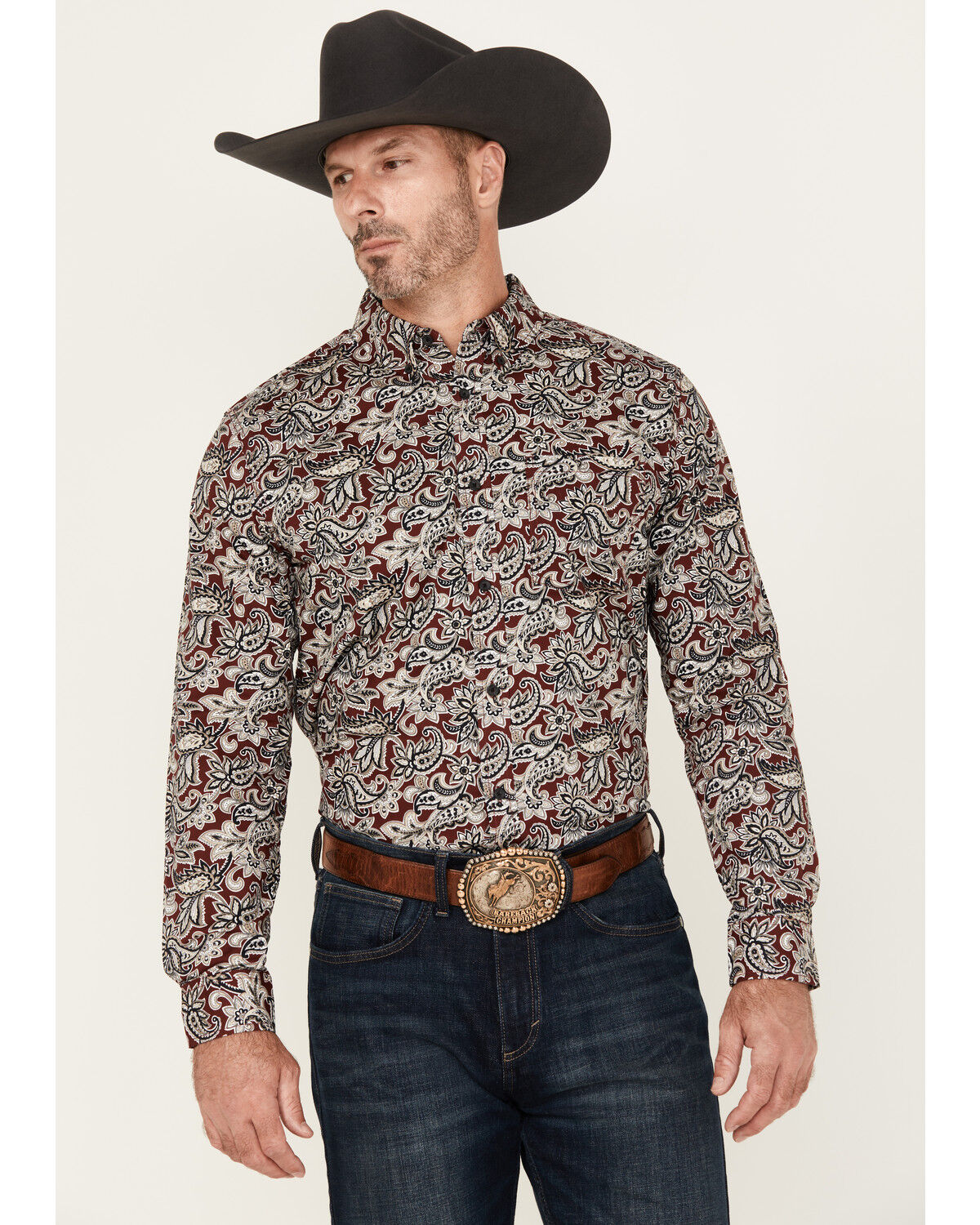 Cody James Men's Max Paisley Print Long Sleeve Button-Down Stretch Western Shirt, Burgundy, hi-res