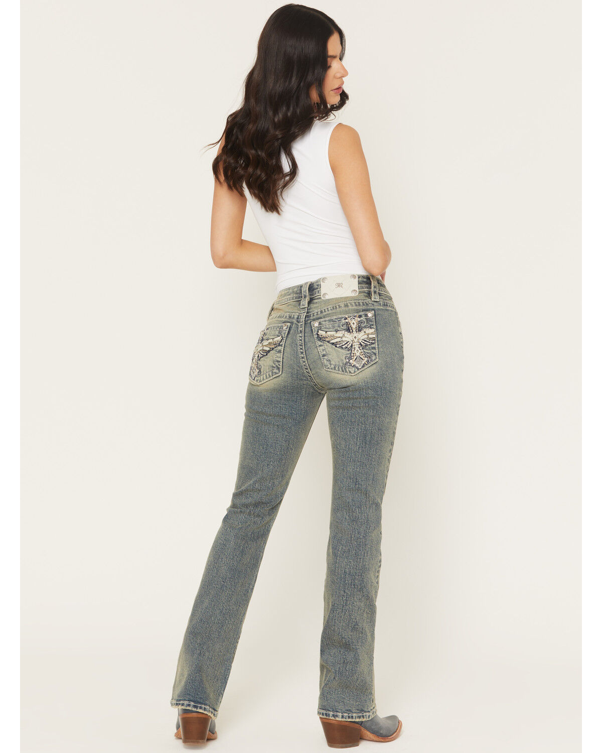 Image #1 - Miss Me Women's Dark Wash Mid Rise Winged Pocket 32" Bootcut Stretch Denim Jeans, Dark Wash, hi-res