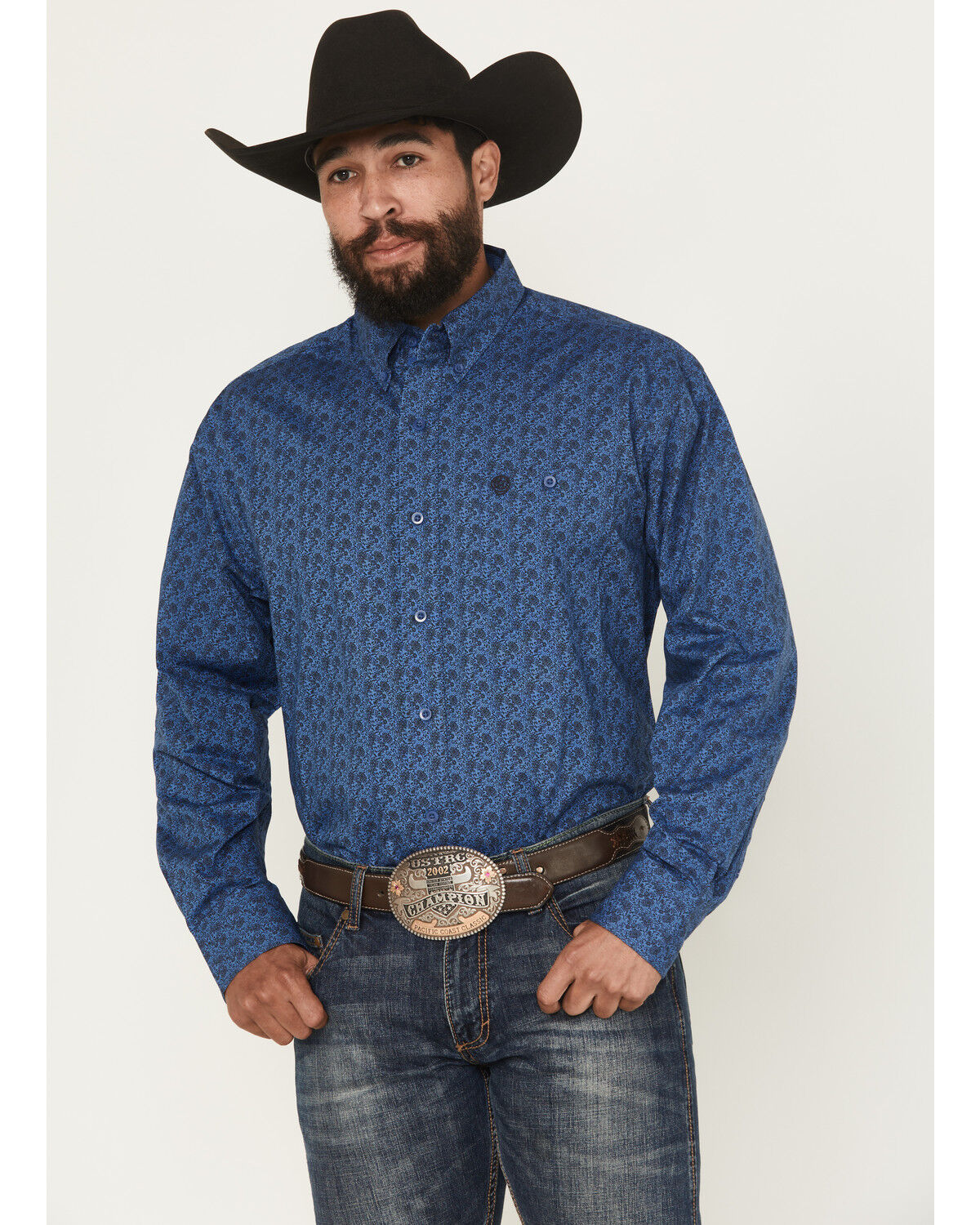 Image #1 - George Strait by Wrangler Men's Floral Print Long Sleeve Button-Down Stretch Western Shirt, Blue, hi-res