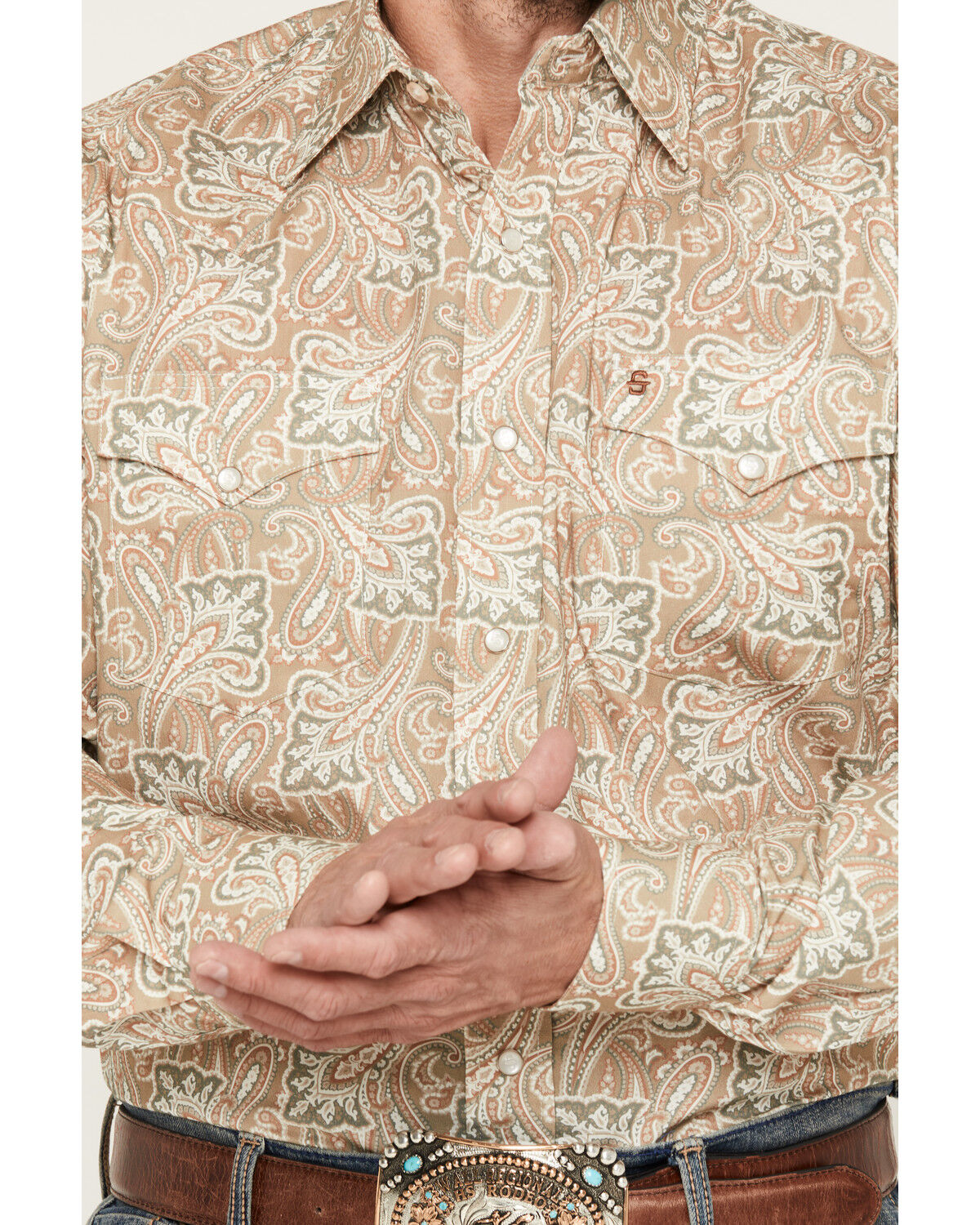 Image #3 - Stetson Men's Paisley Print Long Sleeve Pearl Snap Western Shirt, Tan, hi-res