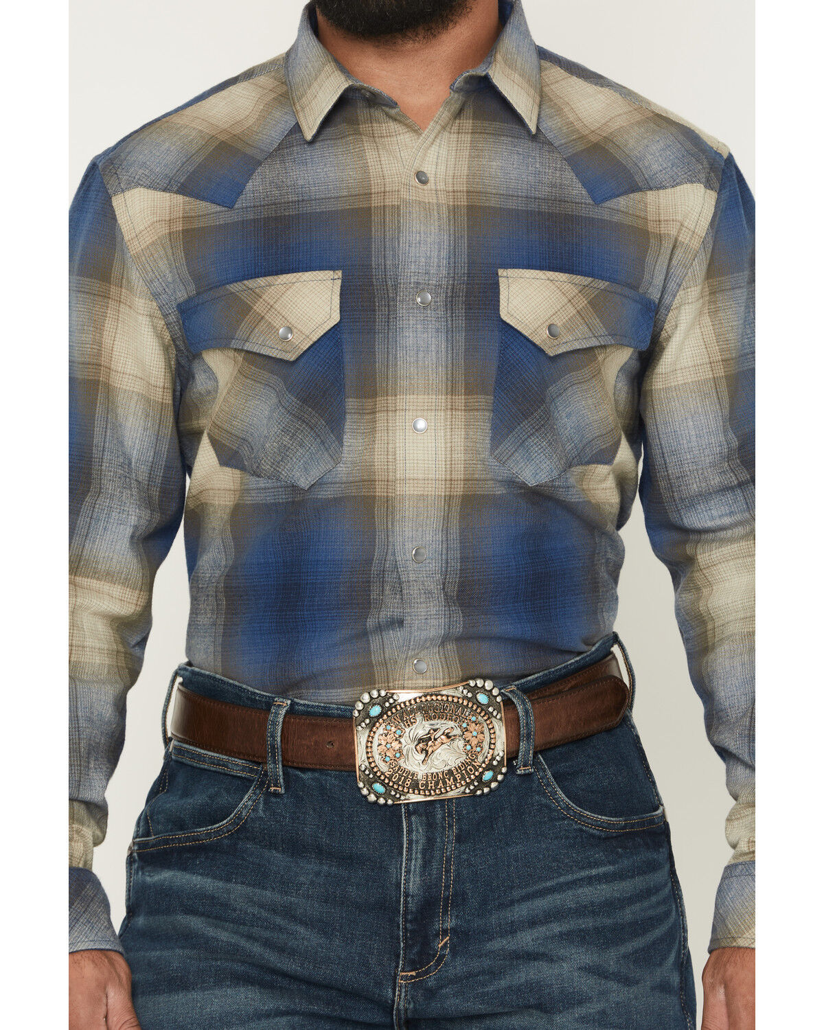 Image #3 - Pendleton Men's Boot Barn Exclusive Wyatt Plaid Print Long Sleeve Snap Western Shirt, Blue, hi-res
