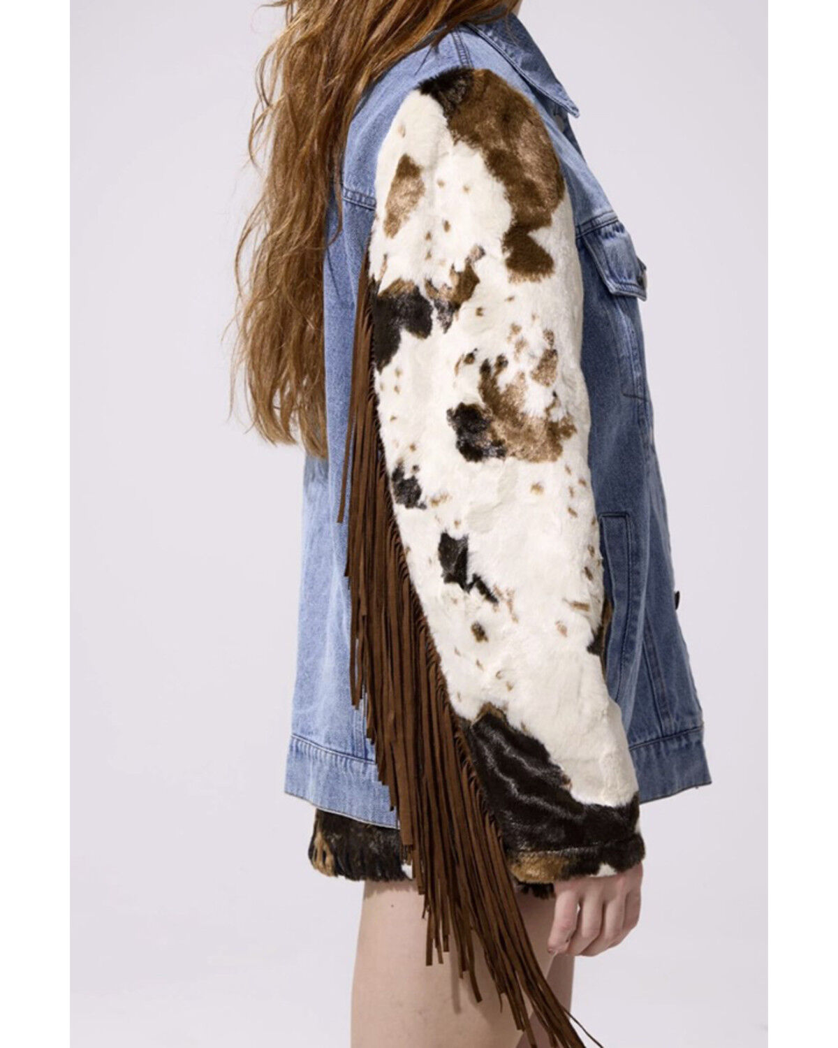 Image #2 - Azalea Wang Women's Cow Print Fringe Button-Down Denim Jacket, Multi, hi-res