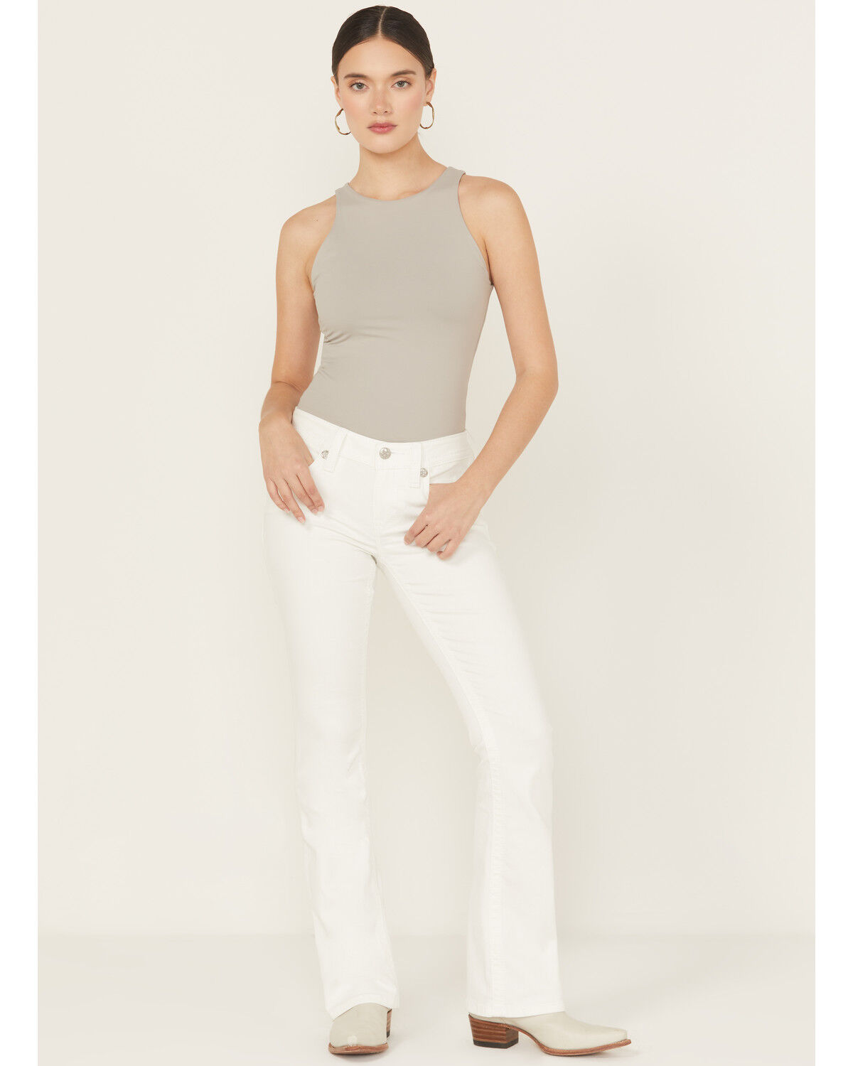 Image #3 - Miss Me Women's Mid Rise Wing Pocket 32" Bootcut Stretch Denim Jeans, White, hi-res